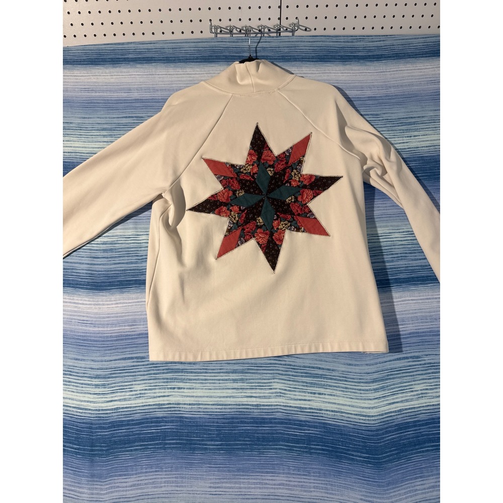 Upcycled Moto Sweatshirt Off White Quilt Star Heart Applique Patchwork Womens M - Picture 7 of 8